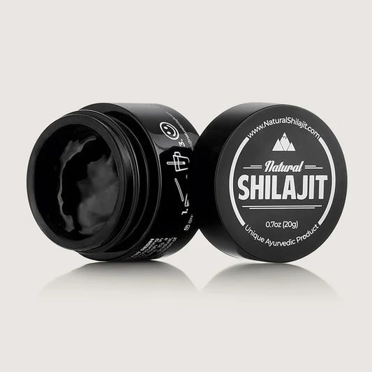Open jar of shilajit resin