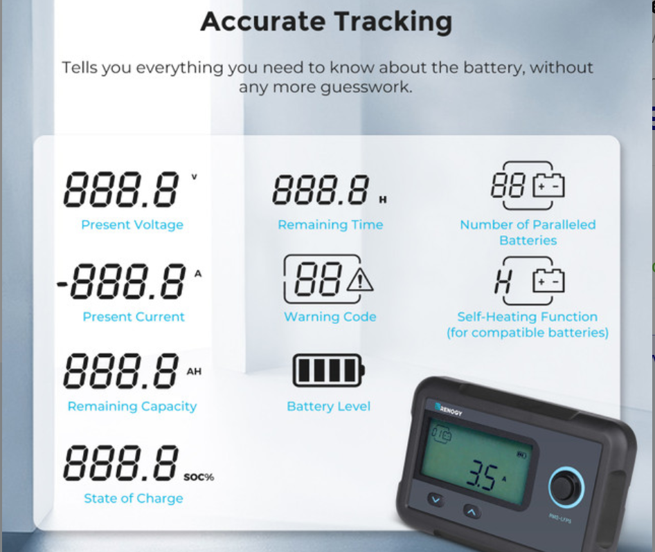 Renogy Smart Lithium Battery Monitoring Screen with BMS Communication Display