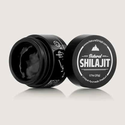 Open jar of shilajit resin