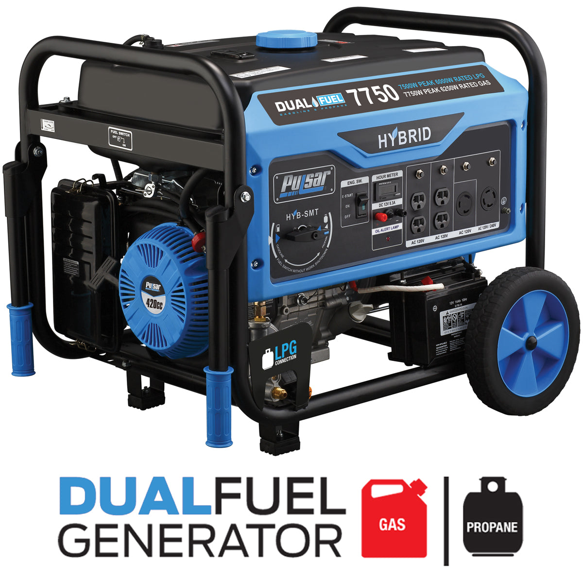 Pulsar PG7750B Dual Fuel Portable Generator 7750 Peak Watts Gas / 6250 Peak Watts Propane with Electric Start
