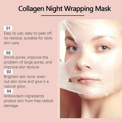 Collagen night wrapping mask with product's benefits.