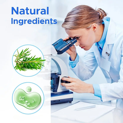 Scientist examining samples with a microscope, surrounded by natural ingredients imagery.