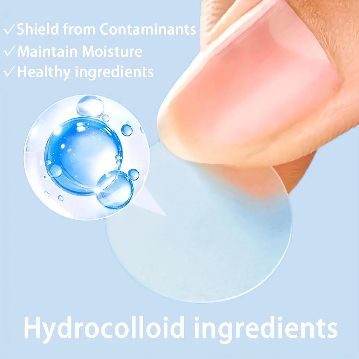 Hydrocolloid dressing with text highlighting benefits on a light blue background