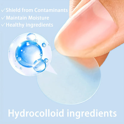 Hydrocolloid dressing with text highlighting benefits on a light blue background