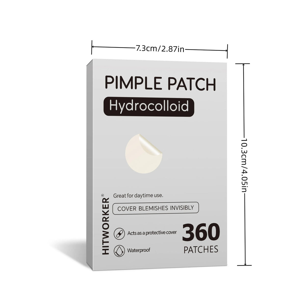 Box of pimple patches with dimensions and product details on a white background