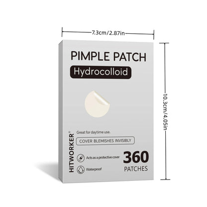 Box of pimple patches with dimensions and product details on a white background