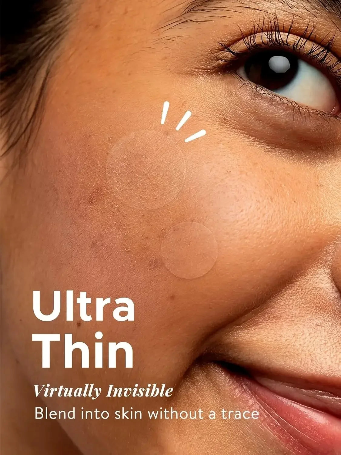 Close-up of a person's face with text highlighting 'Ultra Thin' and 'Virtually Invisible' properties.